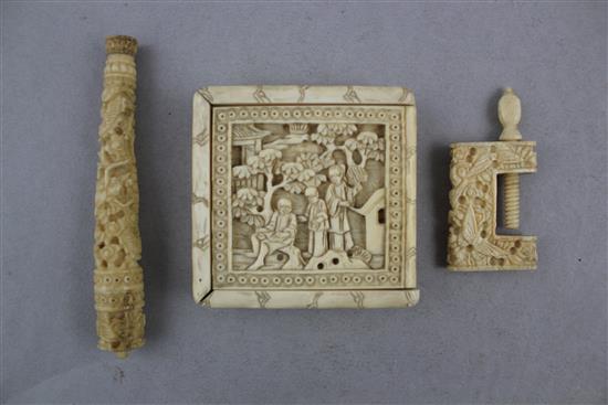 A group of Chinese export ivory items, 19th century, fan 17.5cm.